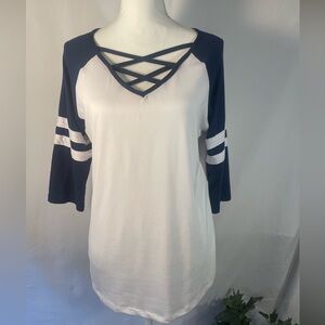 Women's Navy and White Crisscross Top